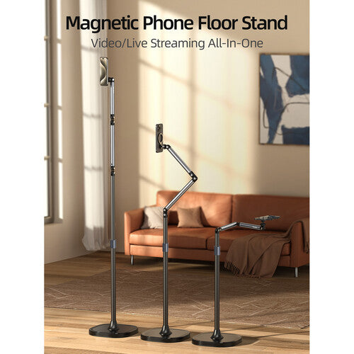 TELESIN Phone Floor Stand with Articulating Arm and MagSafe – 360° Adjustable Mount, Heavy-Duty Base, Foldable Design – Black/Silver