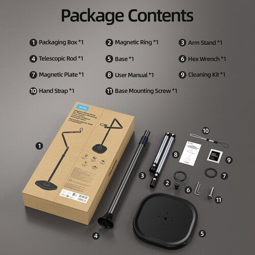 TELESIN Phone Floor Stand with Articulating Arm and MagSafe – 360° Adjustable Mount, Heavy-Duty Base, Foldable Design – Black/Silver