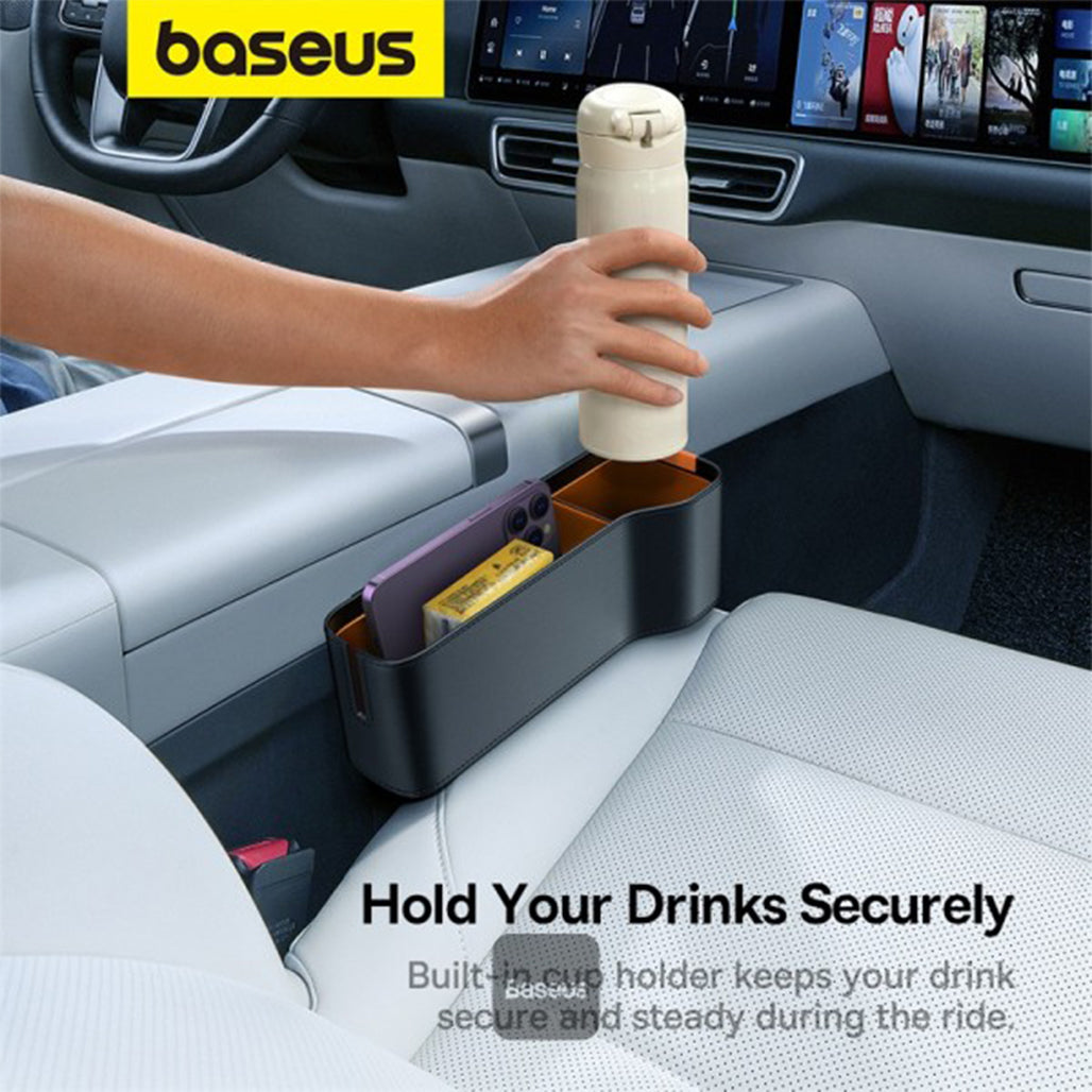 Baseus Car Seat Gap Organizer with Cup Holder – Premium PU Leather Console Storage Box for Driver & Passenger Side (Cluster Black)