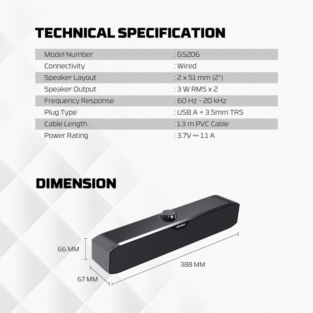 Fantech GS206 Groove Bar Lite Wired Gaming Speaker – 2.0 Stereo Sound, USB + 3.5mm Connection, 6W RMS Output