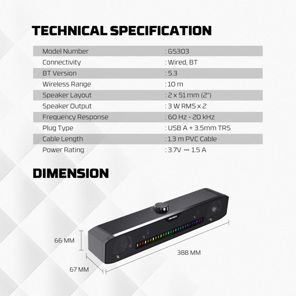 Fantech GS303 Groove Bar Dual Mode Gaming Speaker – RGB Lighting & Bluetooth 5.3
