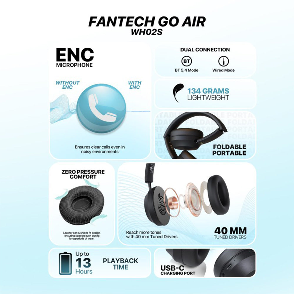 Fantech WH02s GO AIR Wireless Bluetooth Headphones with ENC Microphone