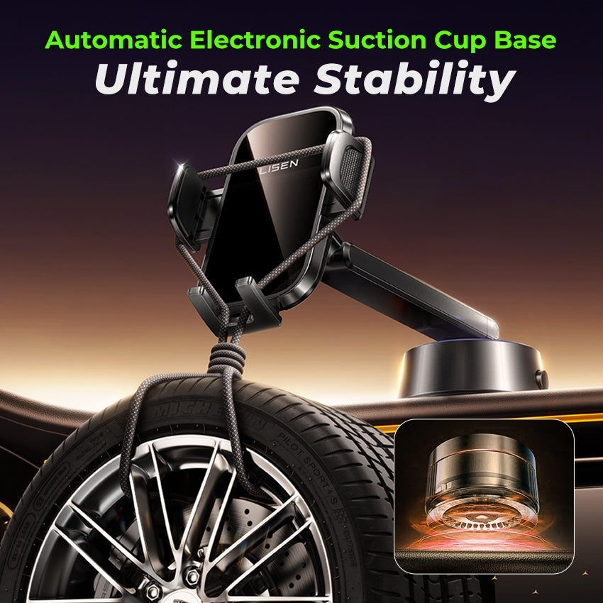 Lisen A680 Electric Suction Cup Phone Holder with Clamping Arm, 360° Rotation, and Battery Indicator