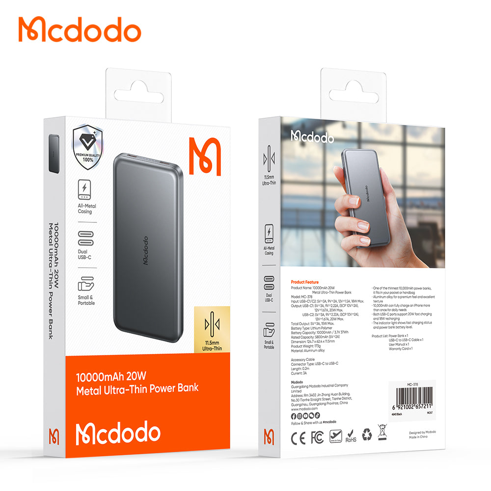 Mcdodo MC-378 10000mAh Metal Power Bank – Ultra-Thin 20W PD Fast Charging, Dual USB-C, LED Display
