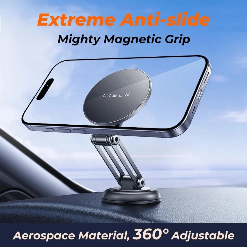 Lisen Magnetic Car Phone Mount – 360° Rotatable Foldable Metal Holder