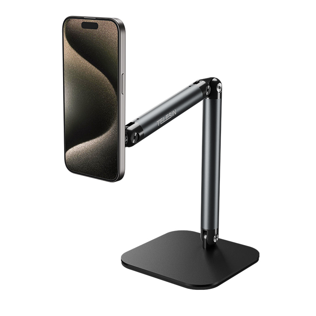 Telesin Magnetic Desktop Phone Stand – 360° Adjustable Metal Hinge, Dual 1/4" Mounts, Foldable Design, Aluminum Alloy Build – P3-DS-01