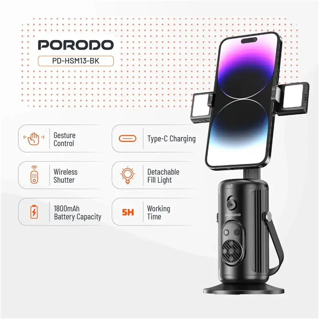 Porodo Face‑Tracking Smart Mount – Gesture & Fill‑Light, Wireless Remote