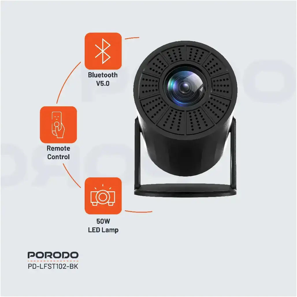 Porodo Wireless Smart Android Multi-Angle Projector – Black