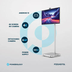 Powerology Android 32” UHD Tablet with Stand – 4K Display, Android 13, 8GB+128GB