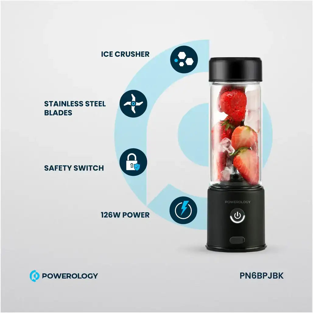 Powerology 6-Blade Rechargeable Portable Juicer Glass Container - Ice Crushing Mode – Black