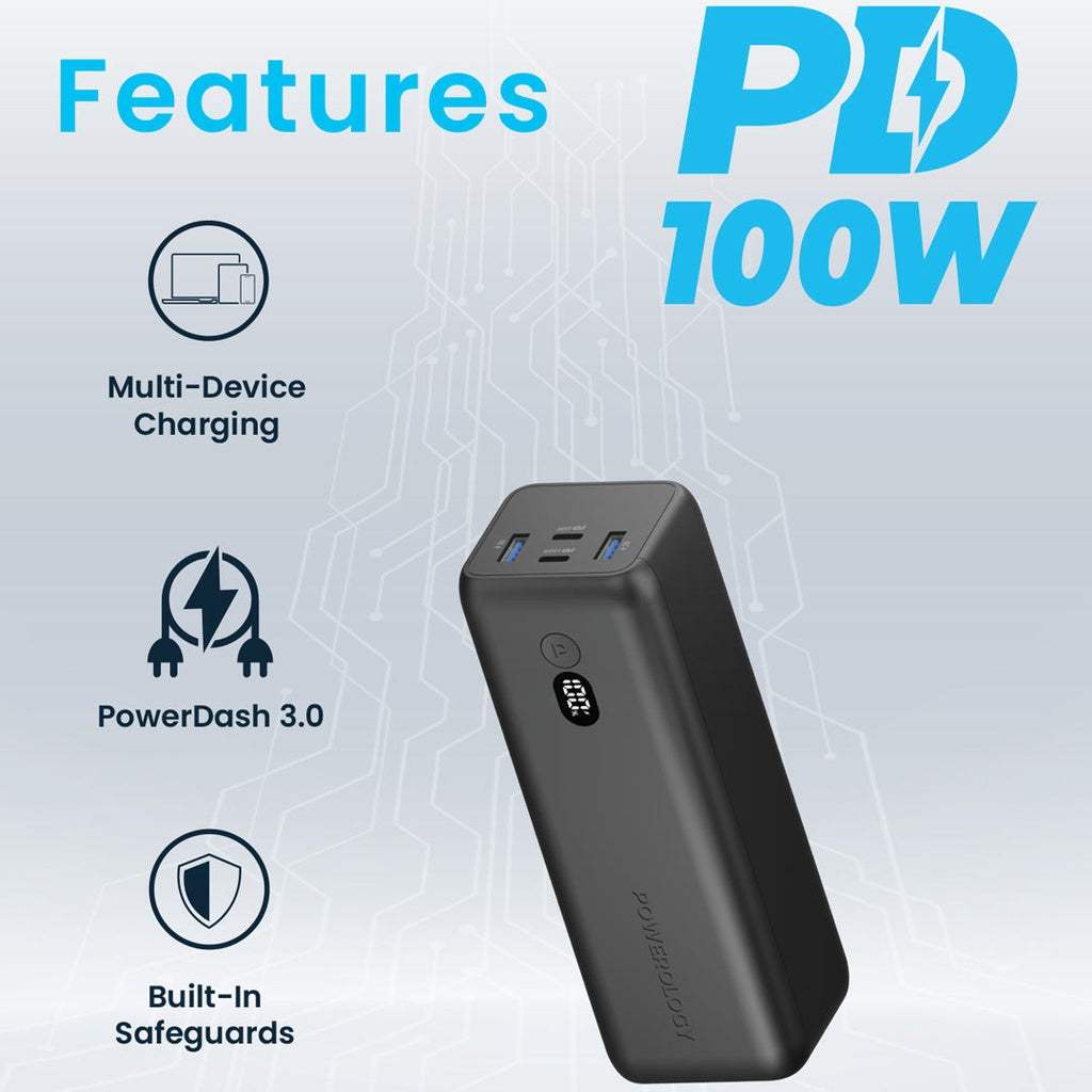 Powerology Onyx 30000mAh Dual USB-C Laptop Power Bank – 110W PD Fast Charging