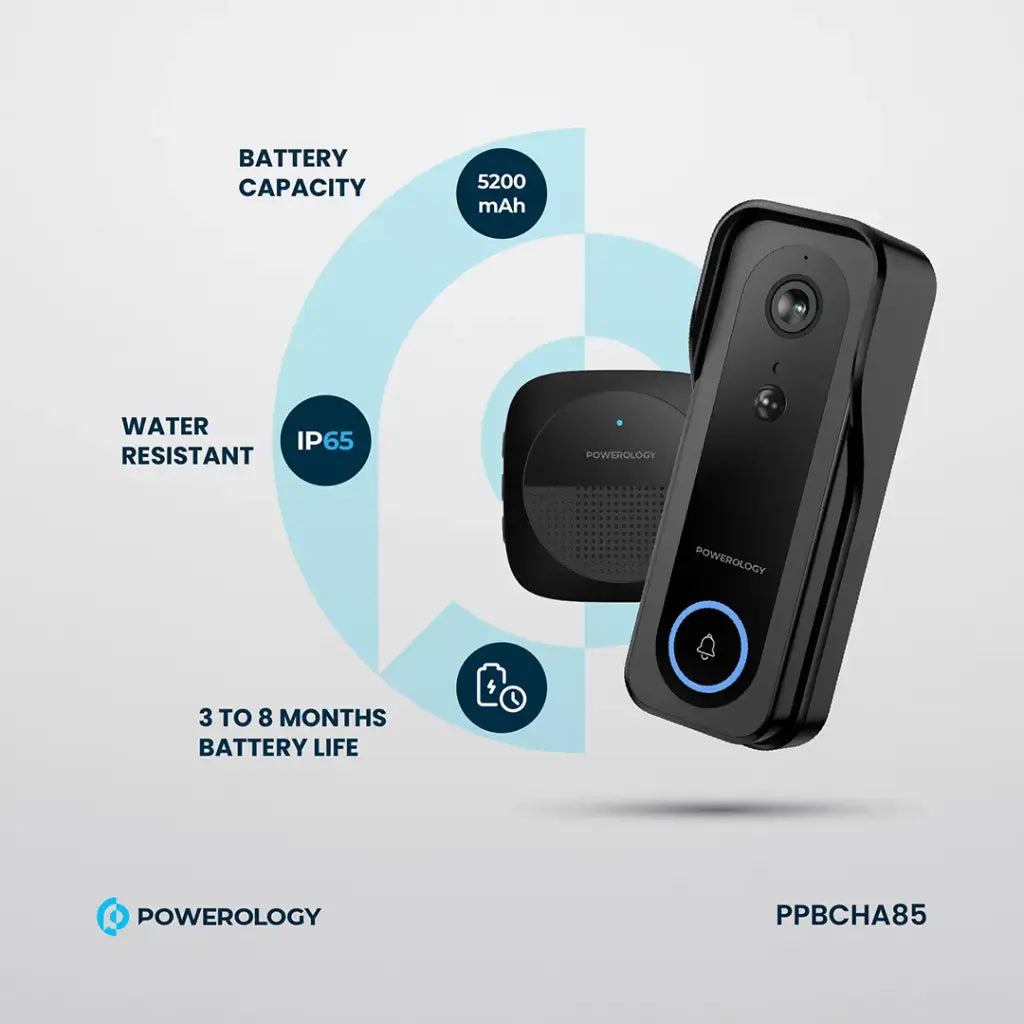 Powerology Smart Doorbell Camera – Black | 3MP, Night Vision, Two-Way Audio