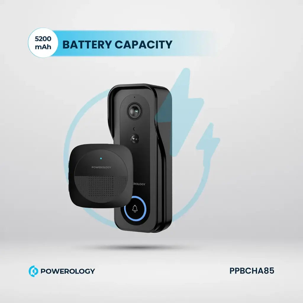 Powerology Smart Doorbell Camera – Black | 3MP, Night Vision, Two-Way Audio