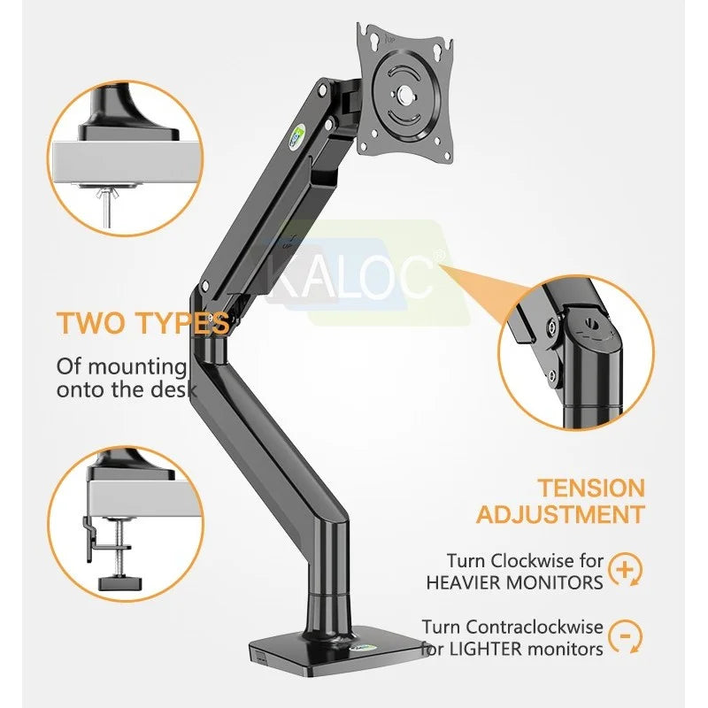 Kaloc DS160 Adjustable Single Monitor Arm – Gas Spring, 22″–40″ Screens