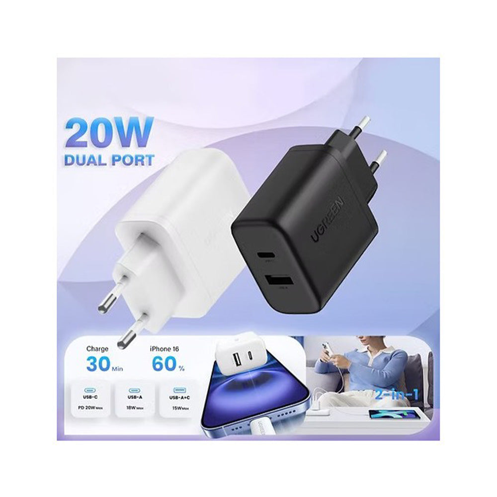 UGREEN 20W Dual-Port USB-A + USB-C Smart & Fast Charger