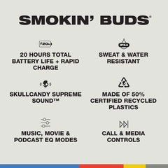 Skullcandy Smokin' Buds True Wireless Earbuds 20-Hour Battery IPX4 Sweat & Water Resistant, Supreme Sound™