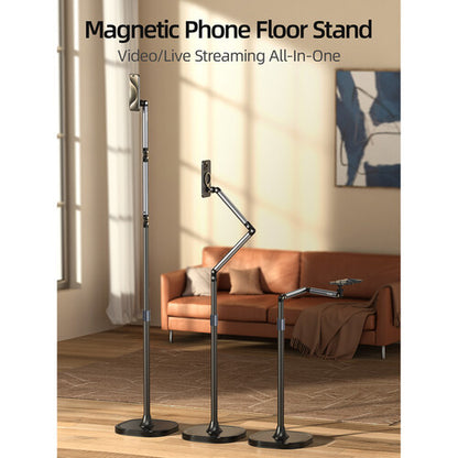 TELESIN Phone Floor Stand with Articulating Arm and MagSafe – 360° Adjustable Mount, Heavy-Duty Base, Foldable Design – Black/Silver