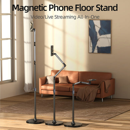 TELESIN Phone Floor Stand with Articulating Arm and MagSafe – 360° Adjustable Mount, Heavy-Duty Base, Foldable Design – Black/Silver