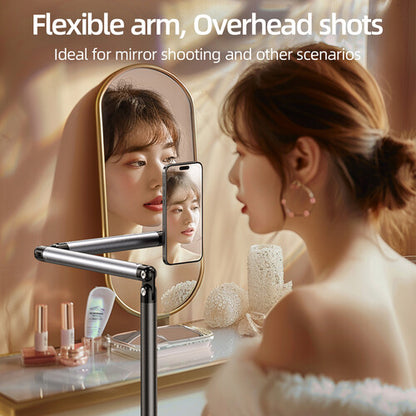 TELESIN Phone Floor Stand with Articulating Arm and MagSafe – 360° Adjustable Mount, Heavy-Duty Base, Foldable Design – Black/Silver