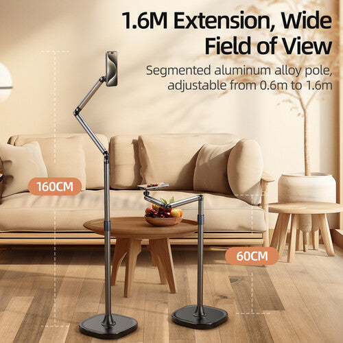 TELESIN Phone Floor Stand with Articulating Arm and MagSafe – 360° Adjustable Mount, Heavy-Duty Base, Foldable Design – Black/Silver