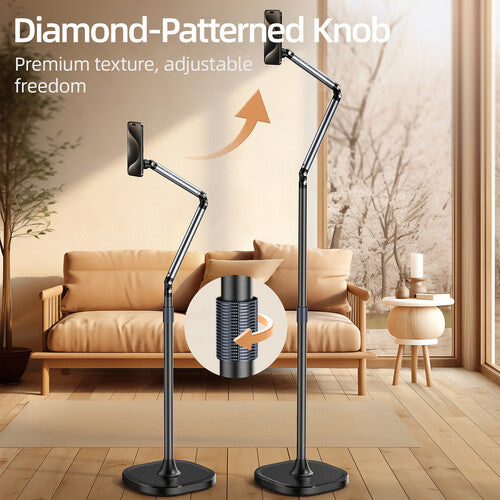 TELESIN Phone Floor Stand with Articulating Arm and MagSafe – 360° Adjustable Mount, Heavy-Duty Base, Foldable Design – Black/Silver