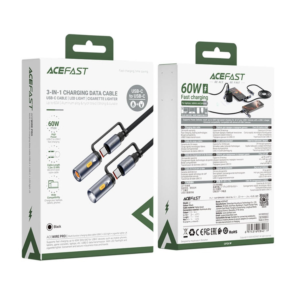 Acefast J4 Charging Data Cable USB-C / LED light / cigarette lighter