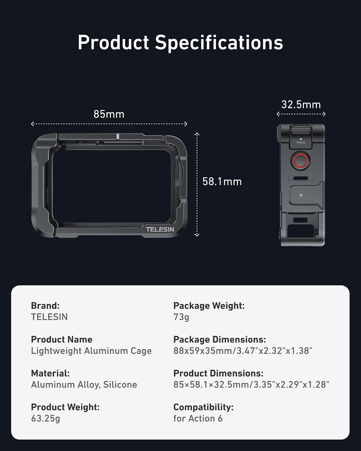 Telesin Metal Cage Kit with Lens Cap for DJI Osmo Action 6