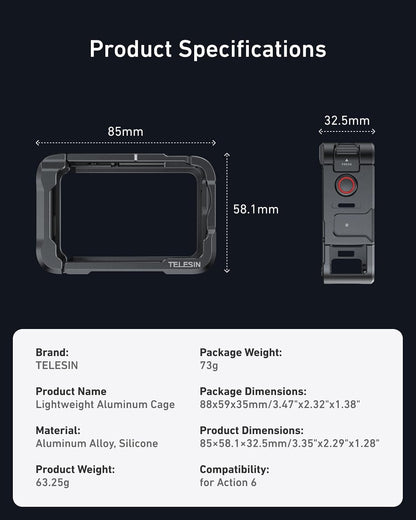 Telesin Metal Cage Kit with Lens Cap for DJI Osmo Action 6