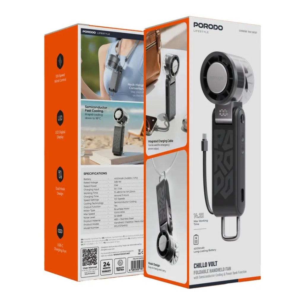 Porodo Lifestyle Chillo Volt Foldable Handheld Fan with Semiconductor Cooling & Power Bank Function - Black