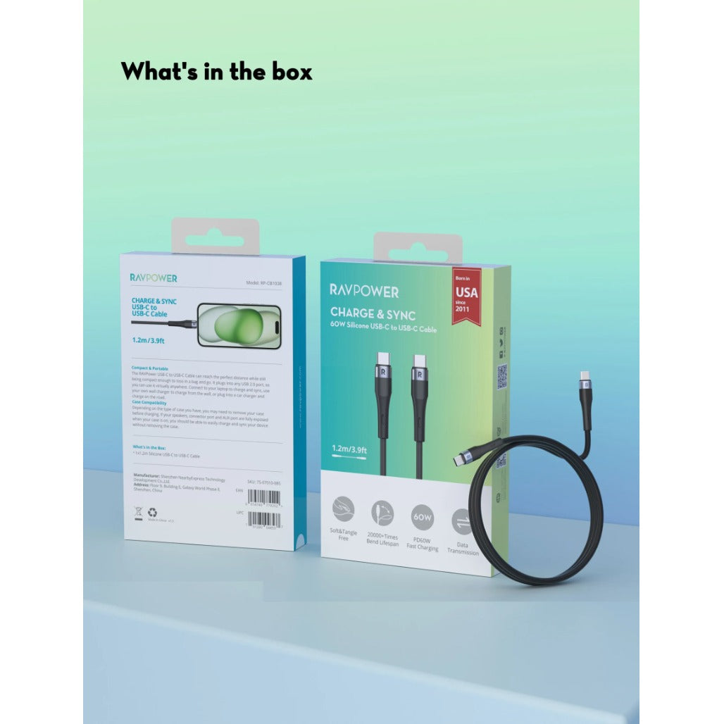 RAVPower RP-CB1038 60W Charge & Sync 60W Silicone C-C Cable 1M
