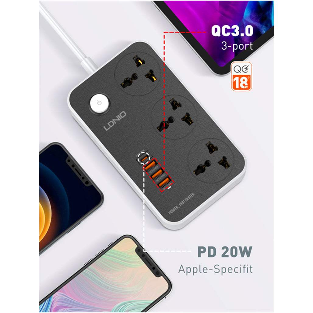 LDNIO SC3412 2500W Power Strip 3 AC 1 USB-C and 3 USB-A 20W Outlets