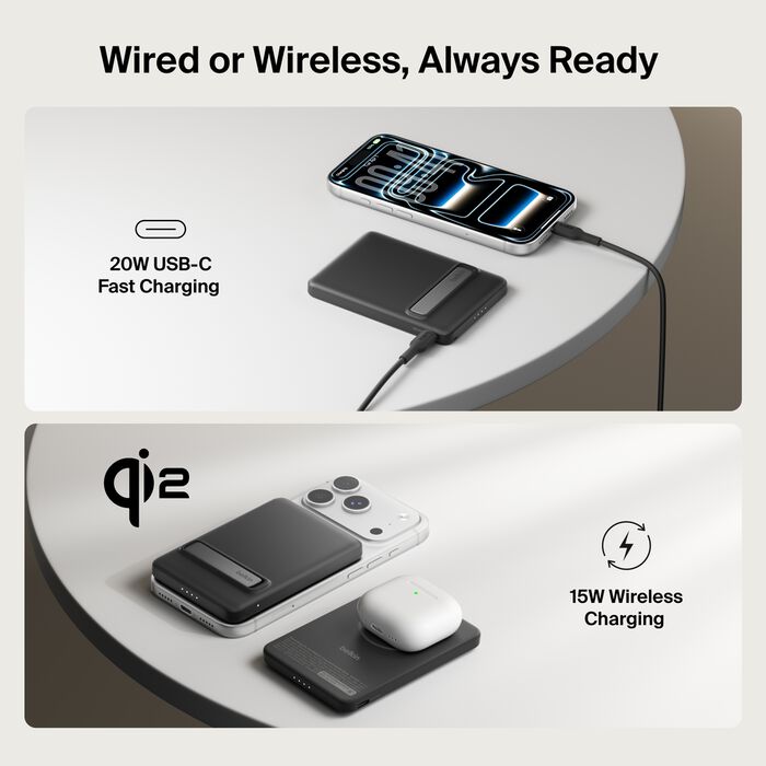 Belkin Slim Magnetic Power Bank 5K with Qi2 with Kickstand