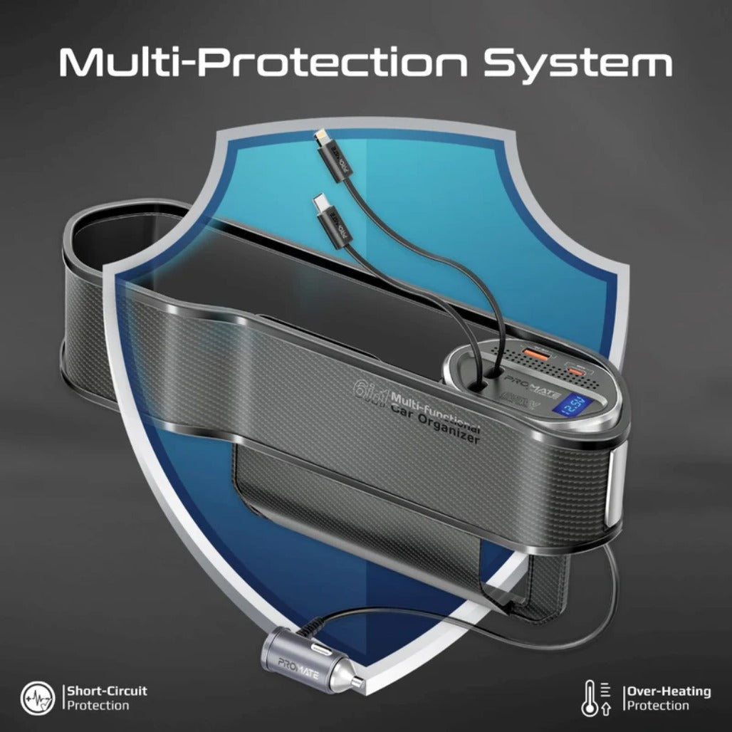 Promate CarMate-RPD 65W Multi-Functional Car Organizer and Charging Station with USB-C & Lightning Retractable Cables