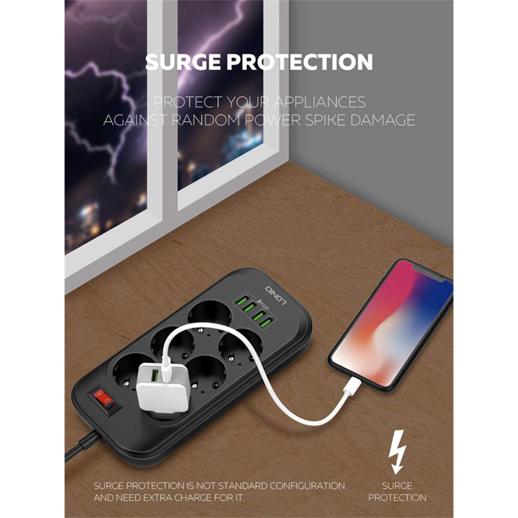 LDNIO SE6403 2500W Defender Series 6 AC + 4 USB Outlets EU Power Strip