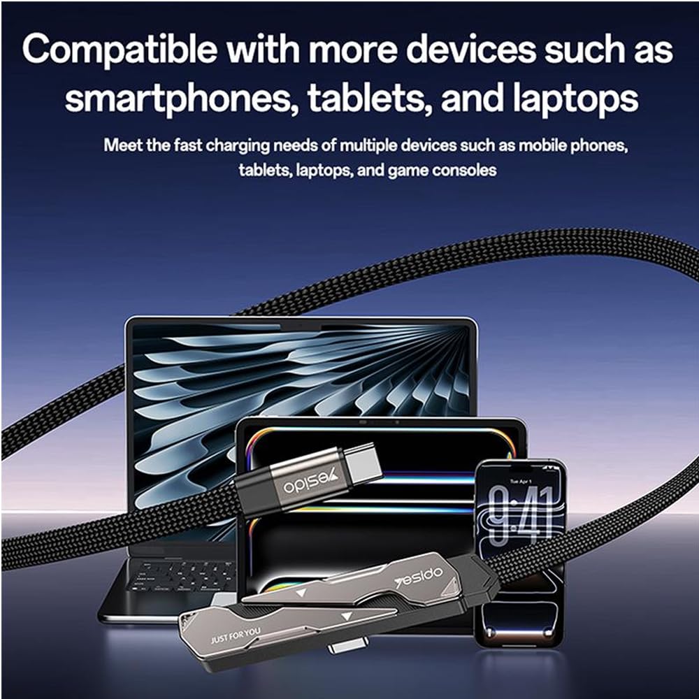 Yesido CA207 60W USB Type-C to Type-C Fast Charging Data Cable with Foldable Stand, Built-in smart chip, High-Speed Data Transfer 1.2M Braided Cable