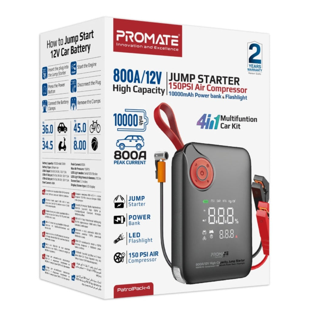Promate 800A/12V High-Capacity Jump Starter 150PSI Air Compressor with 10000mAh Power Bank & Flashlight
