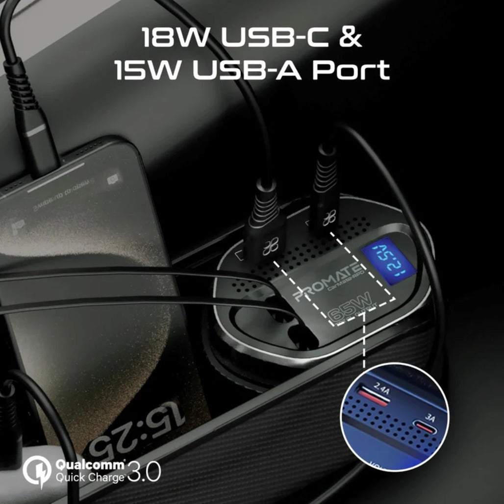 Promate CarMate-RPD 65W Multi-Functional Car Organizer and Charging Station with USB-C & Lightning Retractable Cables