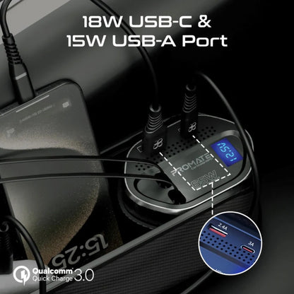 Promate CarMate-RPD 65W Multi-Functional Car Organizer and Charging Station with USB-C & Lightning Retractable Cables