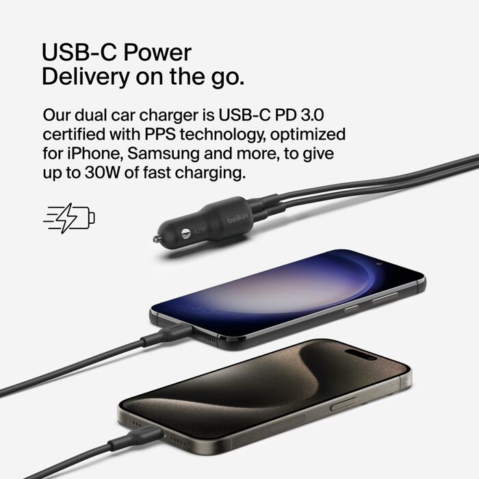 Belkin Dual Car Charger 42W - 30W USB-C Port + 12W USB-A Port
