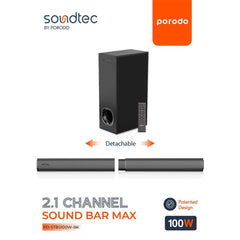 Porodo Soundtec 2.1CH Detachable Bluetooth Surround Soundbar System 100W