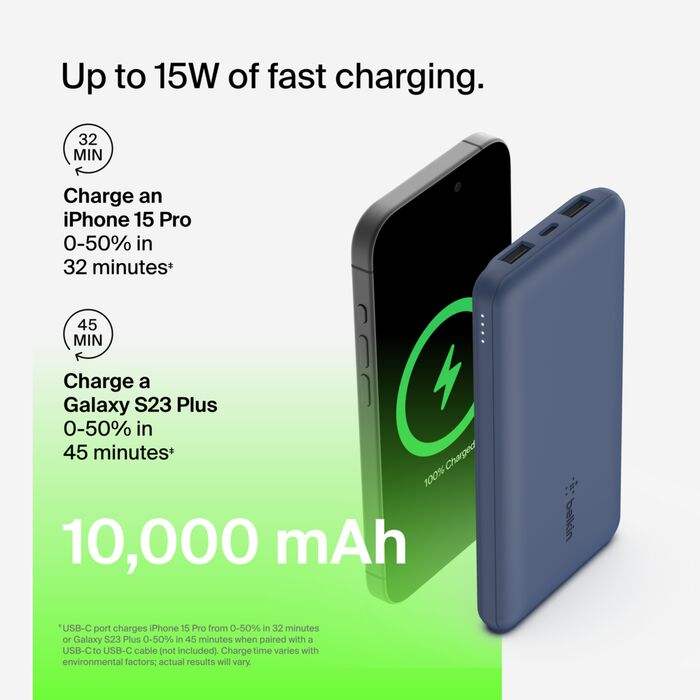 Belkin BoostCharge 10K Portable Power Bank – 15W, USB-C & Dual USB-A
