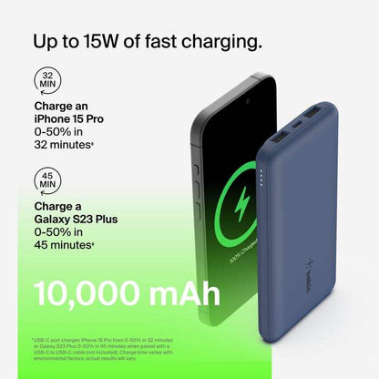 Belkin BoostCharge 10K Portable Power Bank – 15W, USB-C & Dual USB-A