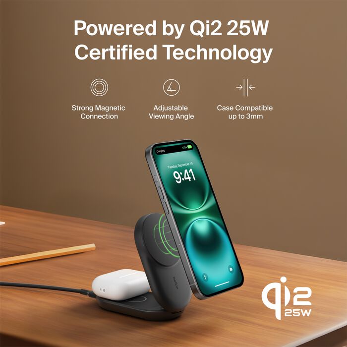 Belkin UltraCharge 2-in-1 Foldable Magnetic Charger with Qi2 25W – Black