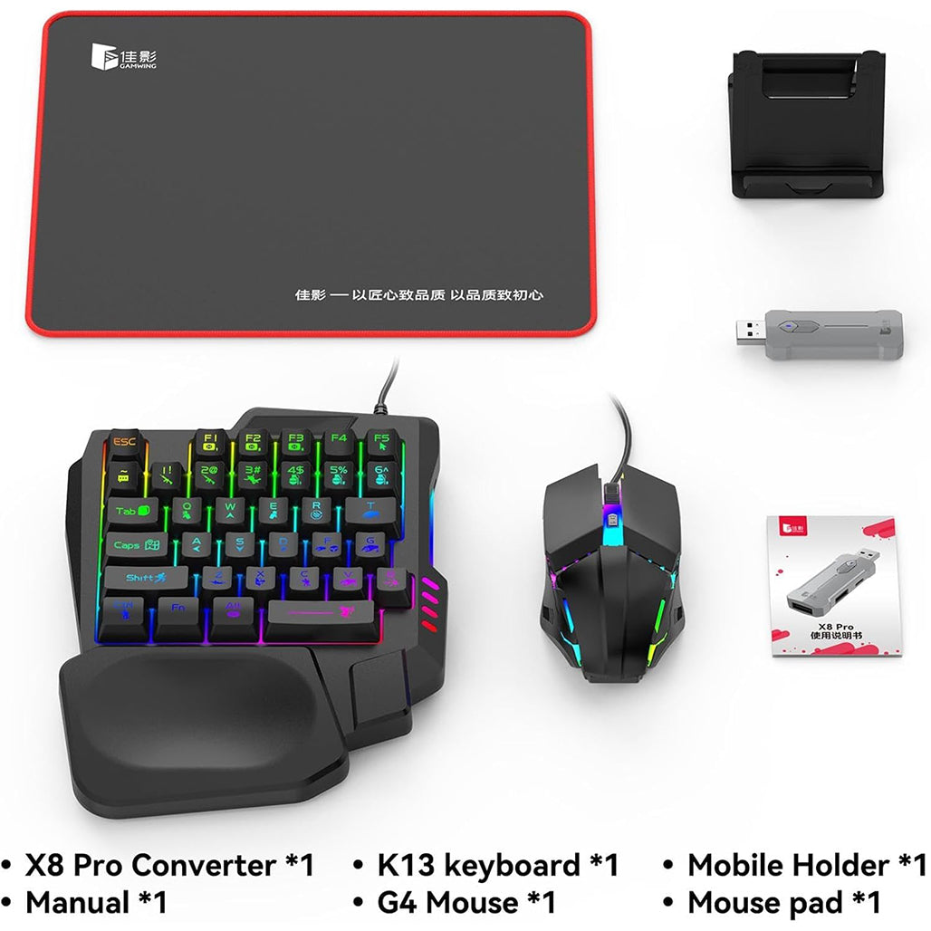 5 in 1 Mobile Game Combo Pack - RGB Mini Gaming Keyboard & Mouse & Mobile Holder,Gaming Adapter with Mobile Game Converter for Android Mobile Phone (X8)