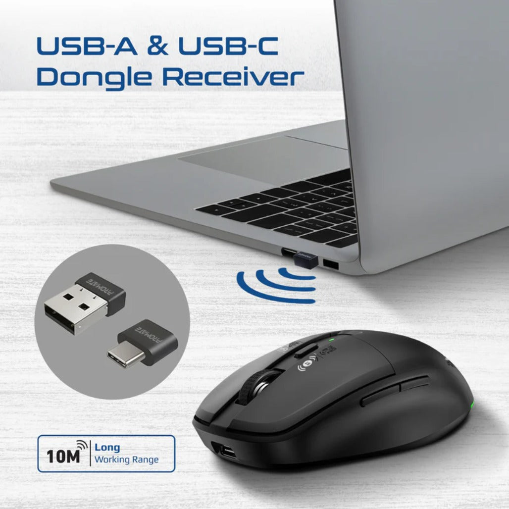 Promate Flixi - Dual Mode Wireless Mouse with Rechargeable Battery BT & 2.4GHz Connectivity