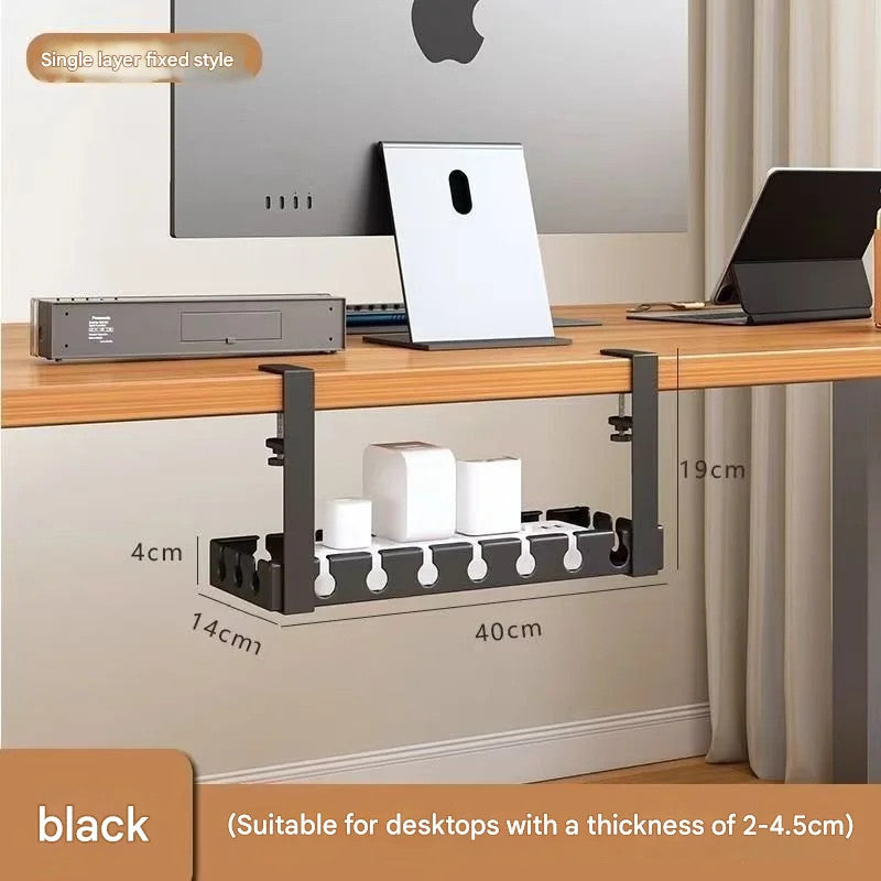 Kaloc Under‑Desk Cable Management Tray 40×14×4 cm, Clamp‑Mount No‑Drill, Cable & Power Strip Organizer