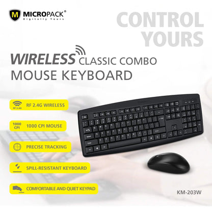 Micropack KM-203W Spill Resistant Wireless Keyboard and Mouse Combo - Arabic