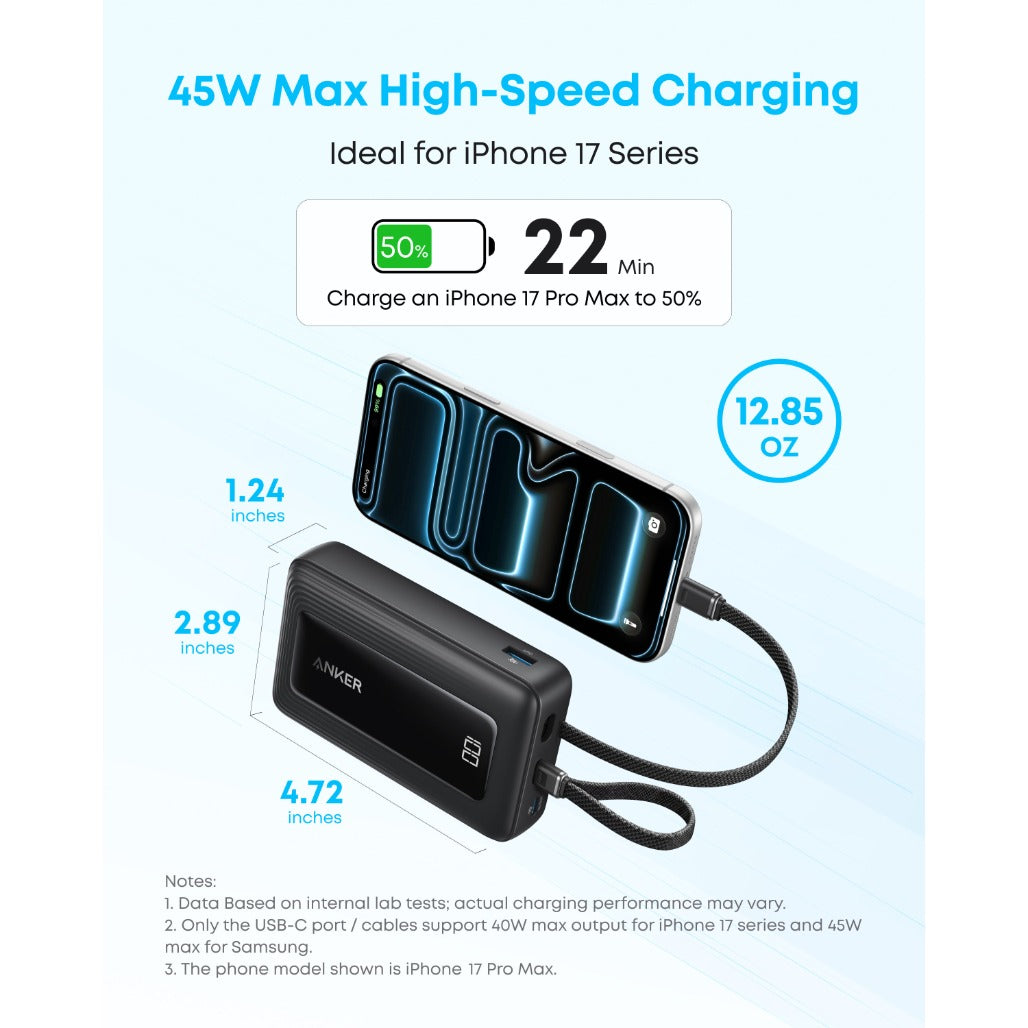 Anker Zolo Power Bank (20K, Built-In USB-C and Lightning Cable) - A1680H11