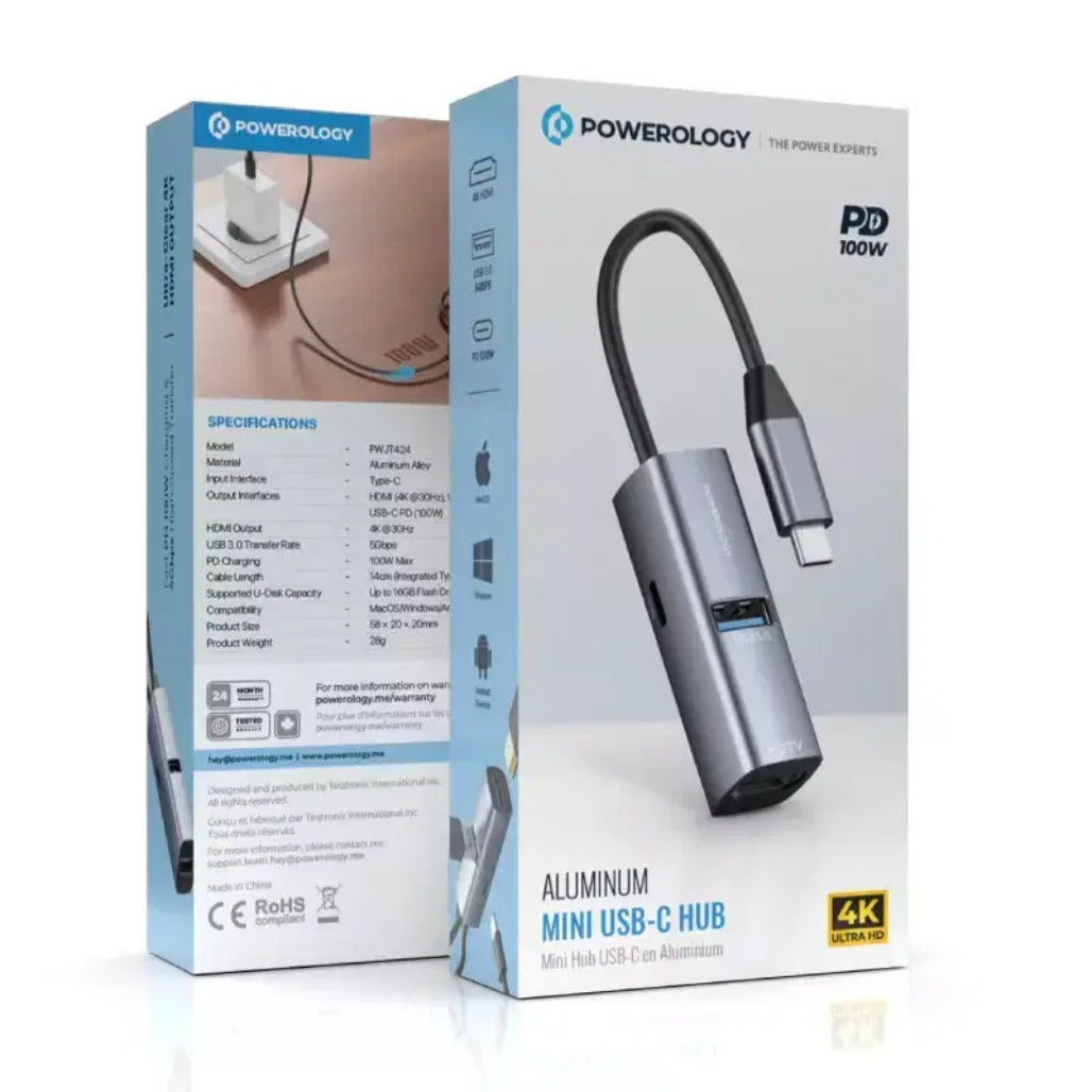 Powerology Aluminum Mini USB-C Hub - 4K HDMI / USB 3.0 / USB-C