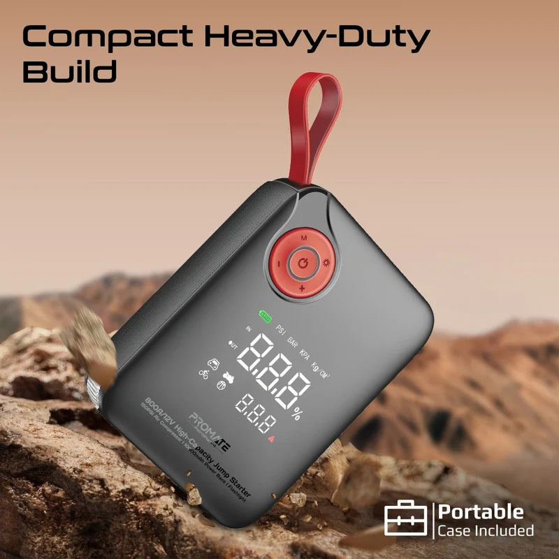Promate 800A/12V High-Capacity Jump Starter 150PSI Air Compressor with 10000mAh Power Bank & Flashlight